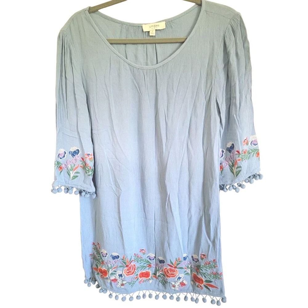 Umgee S Boho Floral Embroidered Pom Pom Trim Tunic Top Blue Small A3096 - Picture 3 of 13